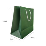 Custom printed green paper bags with brand logo for businesses.